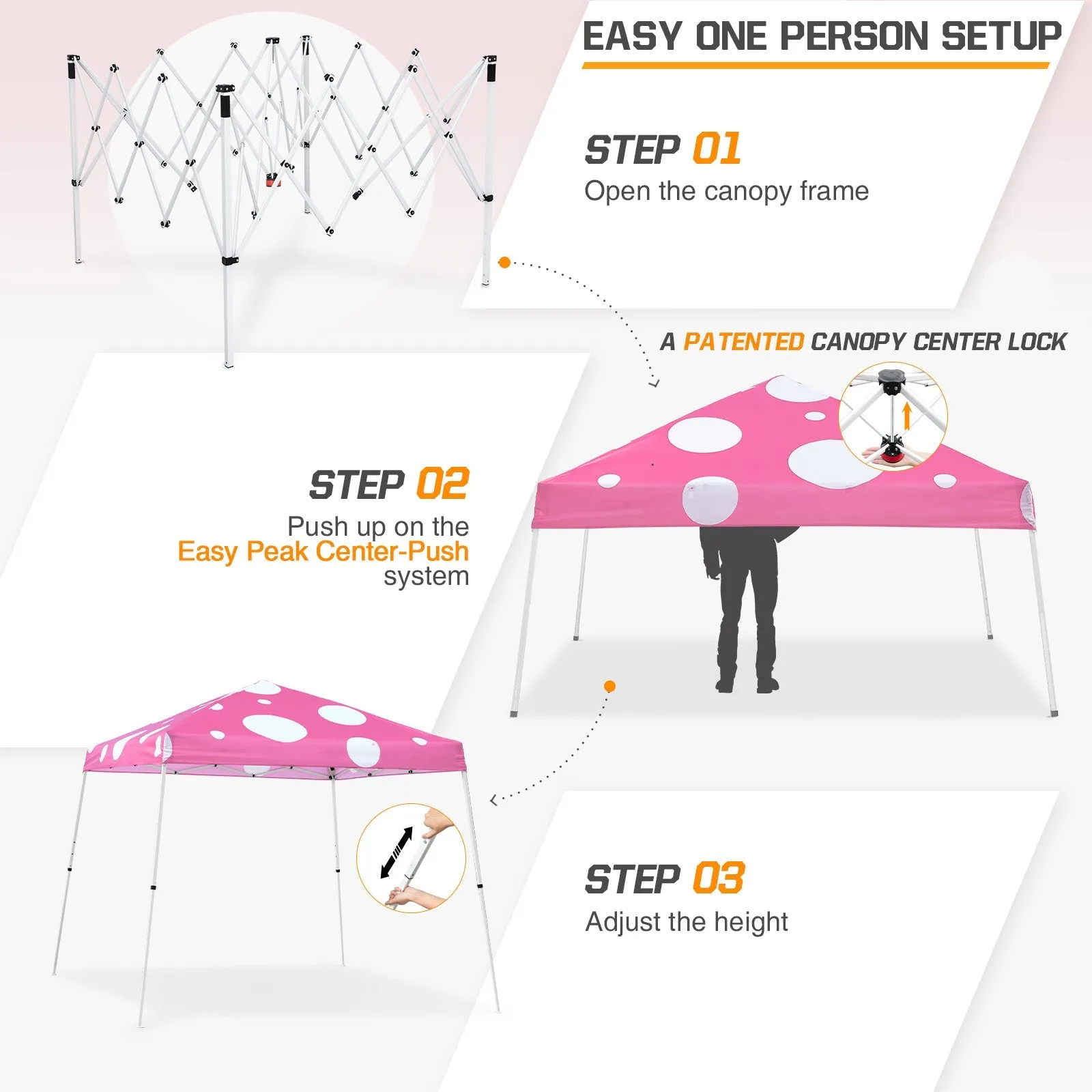 10x10 Slant Leg Pop up Canopy Tent,10x10 Base 8x8 Top, (Pink Mushroom)