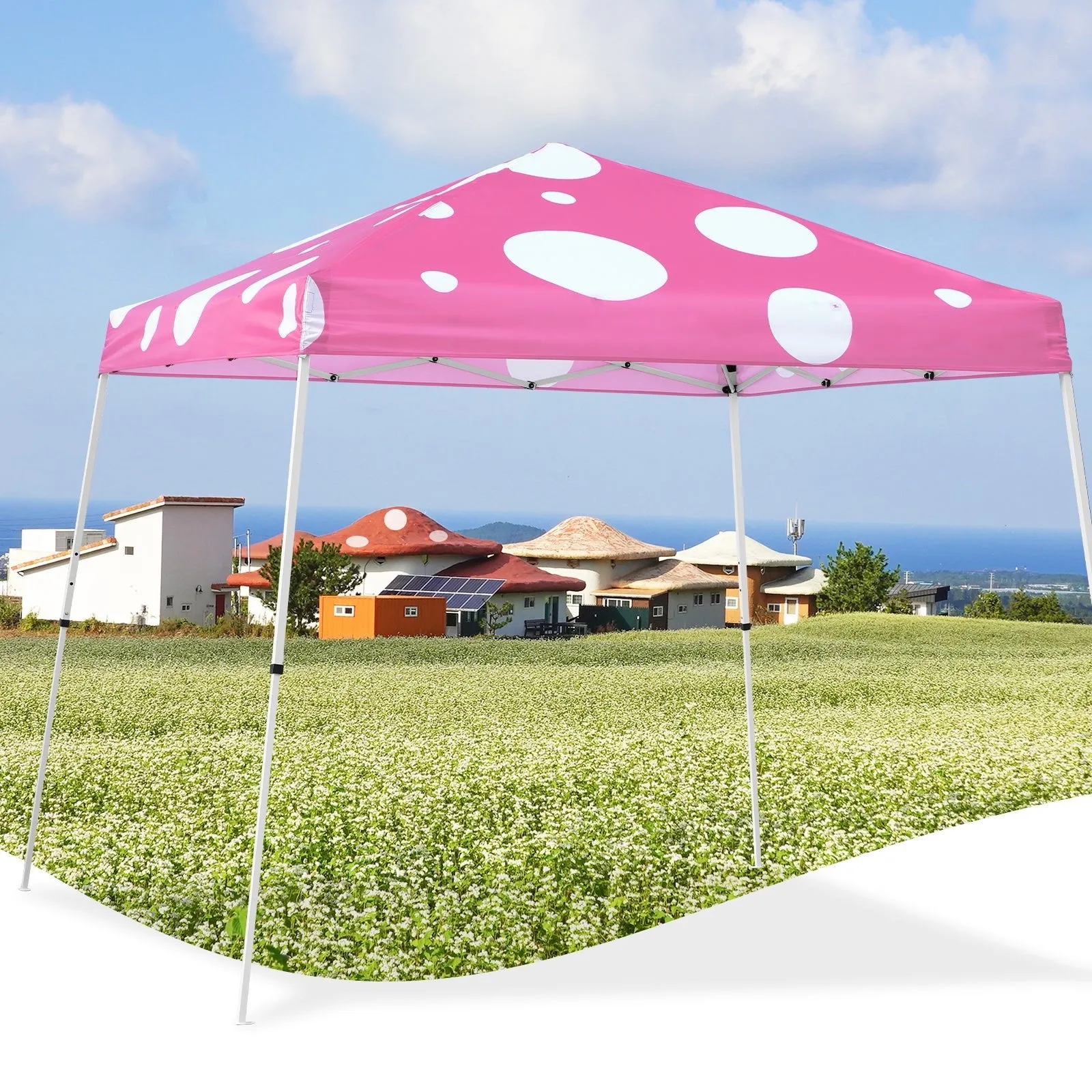 10x10 Slant Leg Pop up Canopy Tent,10x10 Base 8x8 Top, (Pink Mushroom)