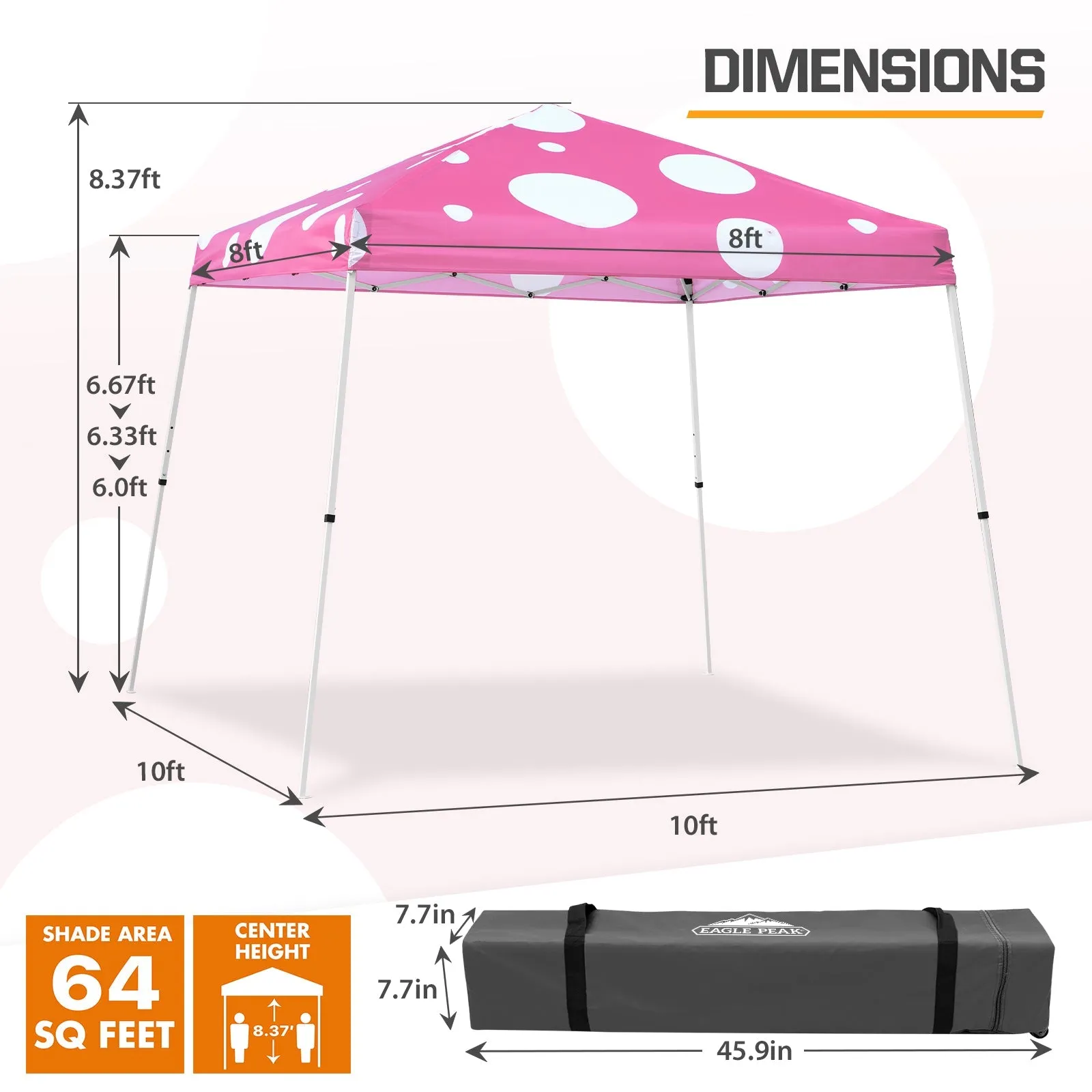 10x10 Slant Leg Pop up Canopy Tent,10x10 Base 8x8 Top, (Pink Mushroom)