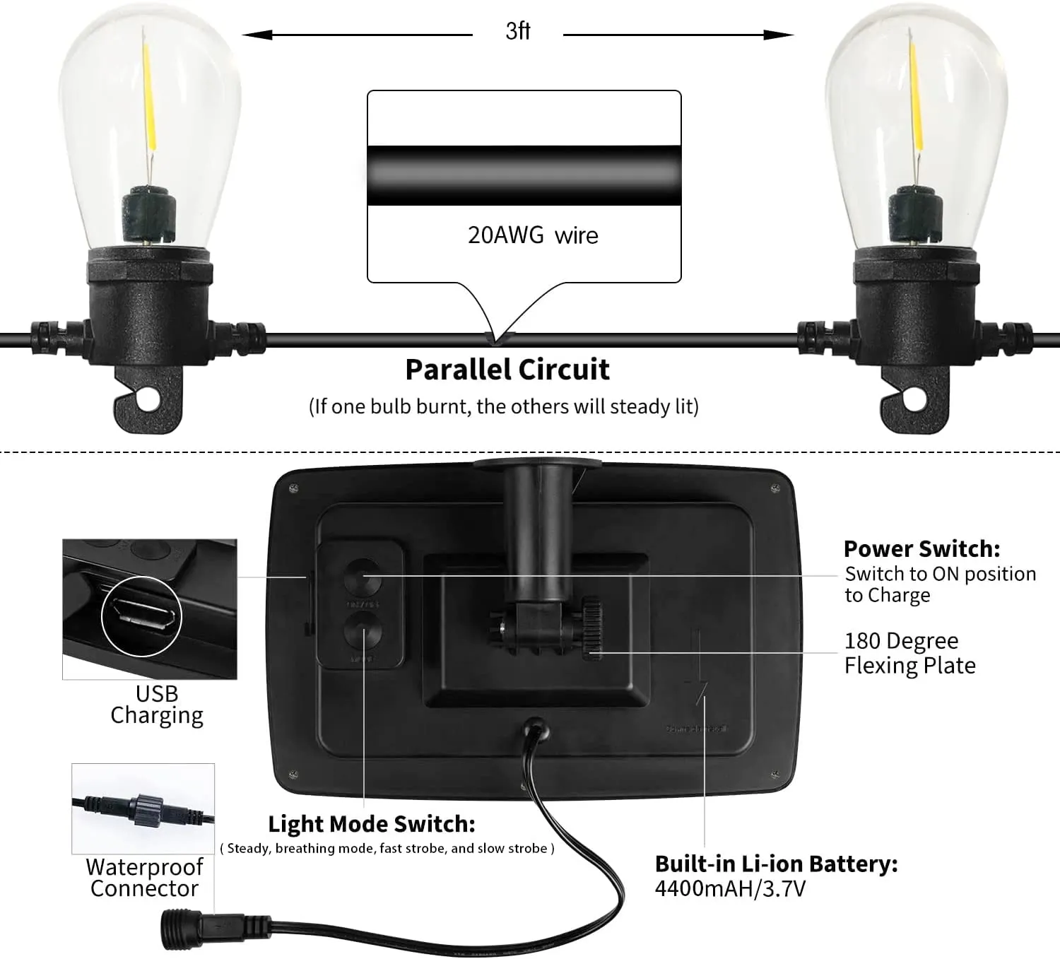48ft Outdoor USB Rechargeable Solar String Lights