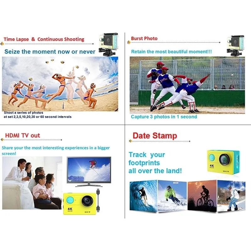 4K Ultra HD WiFi Sports Camera with 170 Degree Wide Angle Lens and Waterproof Capability