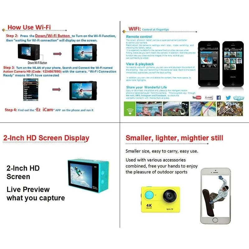 4K Ultra HD WiFi Sports Camera with 170 Degree Wide Angle Lens and Waterproof Capability