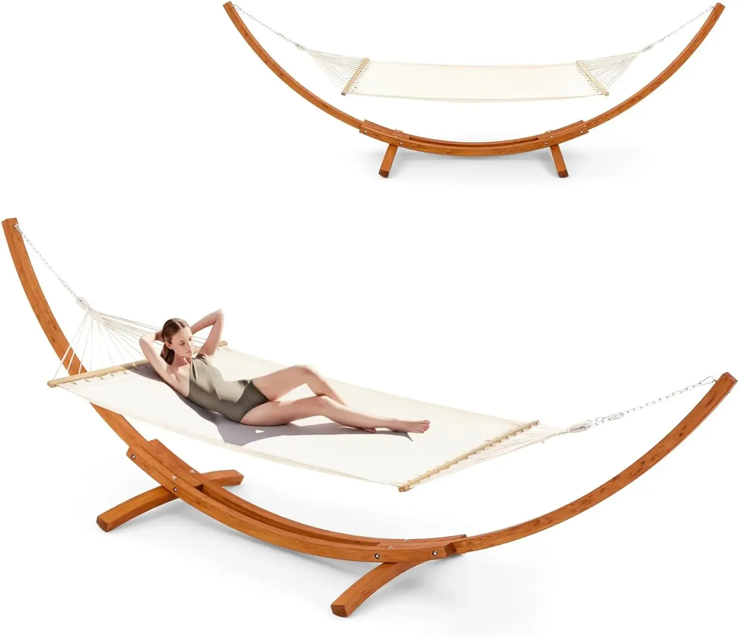 Hanging bed with wooden support, easy to assemble for 2 people, outdoor waterproof, high-end quilted camping, hammock
