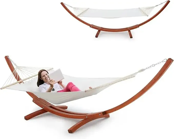 Hanging bed with wooden support, easy to assemble for 2 people, outdoor waterproof, high-end quilted camping, hammock