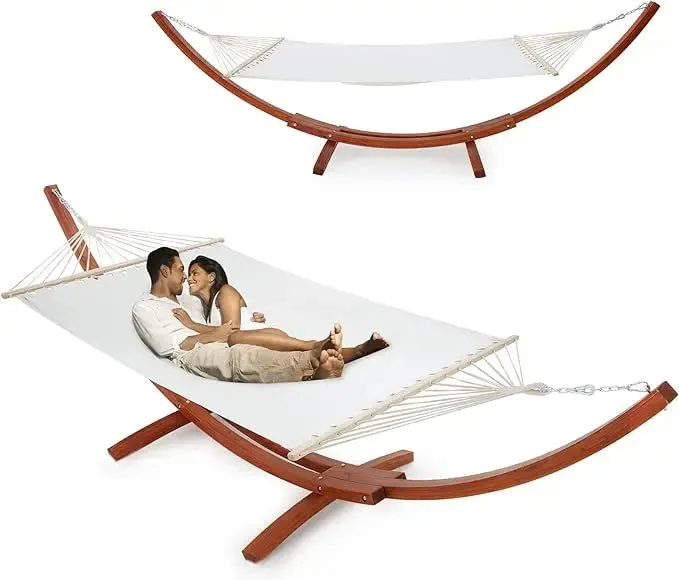 Hanging bed with wooden support, easy to assemble for 2 people, outdoor waterproof, high-end quilted camping, hammock
