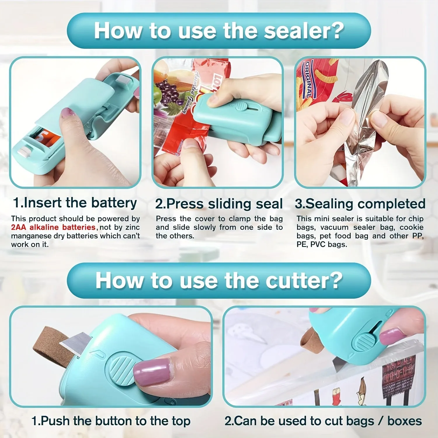 Mini Chip Bag Sealer, Handheld Heat Vacuum Sealer and Cutter, Portable Chip Bag Resealer Machine for Snack Plastic Fresh Bags Cookies- Without 2xAA Batteries