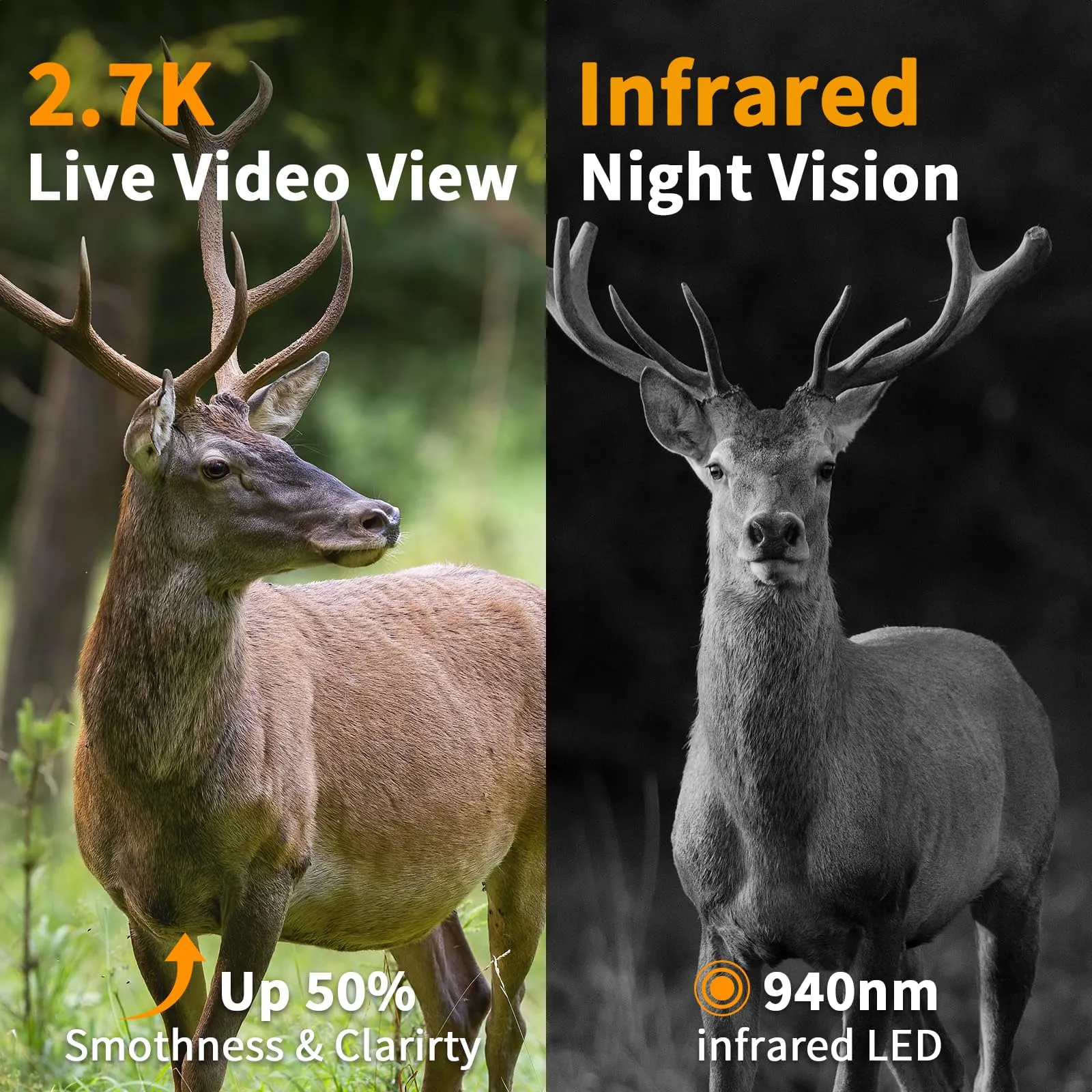 Trail Camera, 2.7K Game Cameras Cellular Trail Cameras with Night Vision Motion Activated IP66 Waterproof 4G LTE Cellular Cam 940nm No Glow Infrared LEDs Solar Powered Live Streaming Security Camera