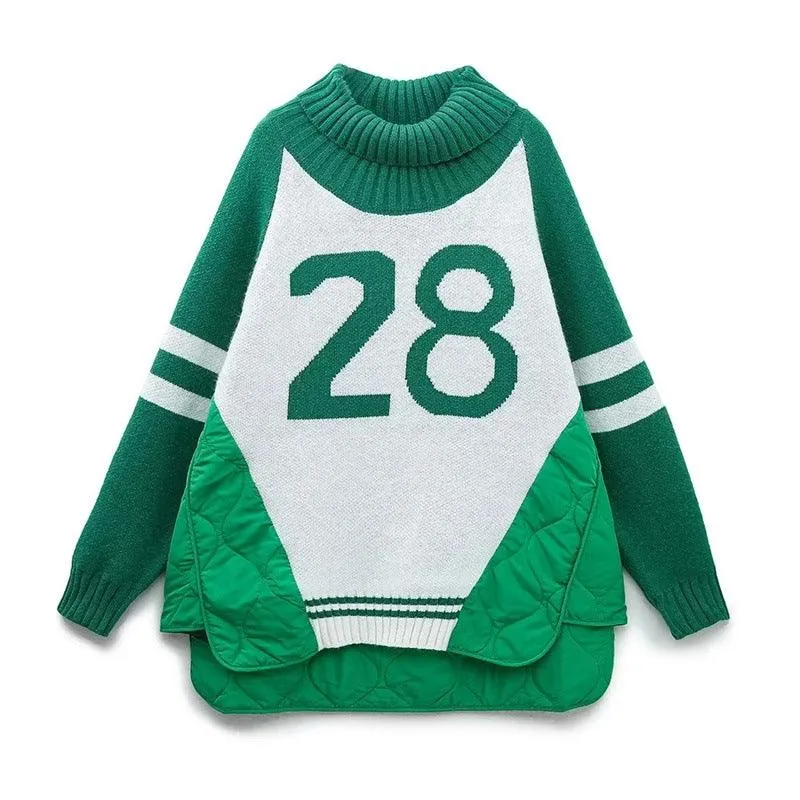 Women's Quilted Baseball Uniform Turtleneck Sweater Loose Idle Style Thermal