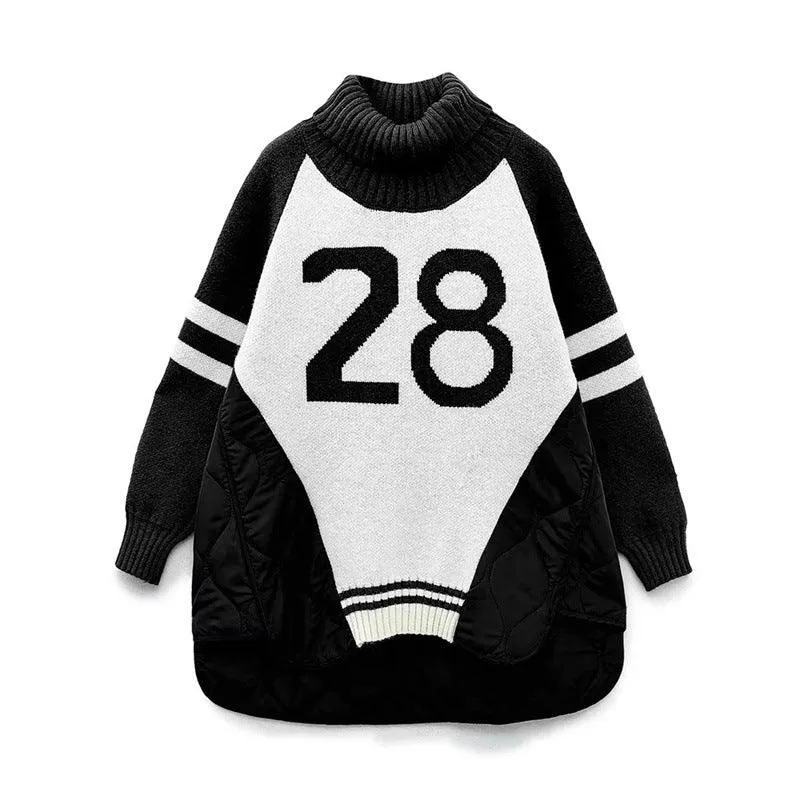 Women's Quilted Baseball Uniform Turtleneck Sweater Loose Idle Style Thermal